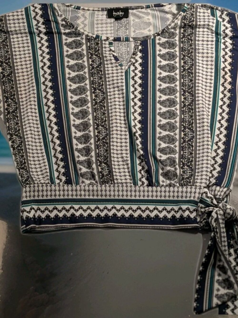 By And By Women's Sz. XL Black, White, Blue And Teal Top w/ Side Tie